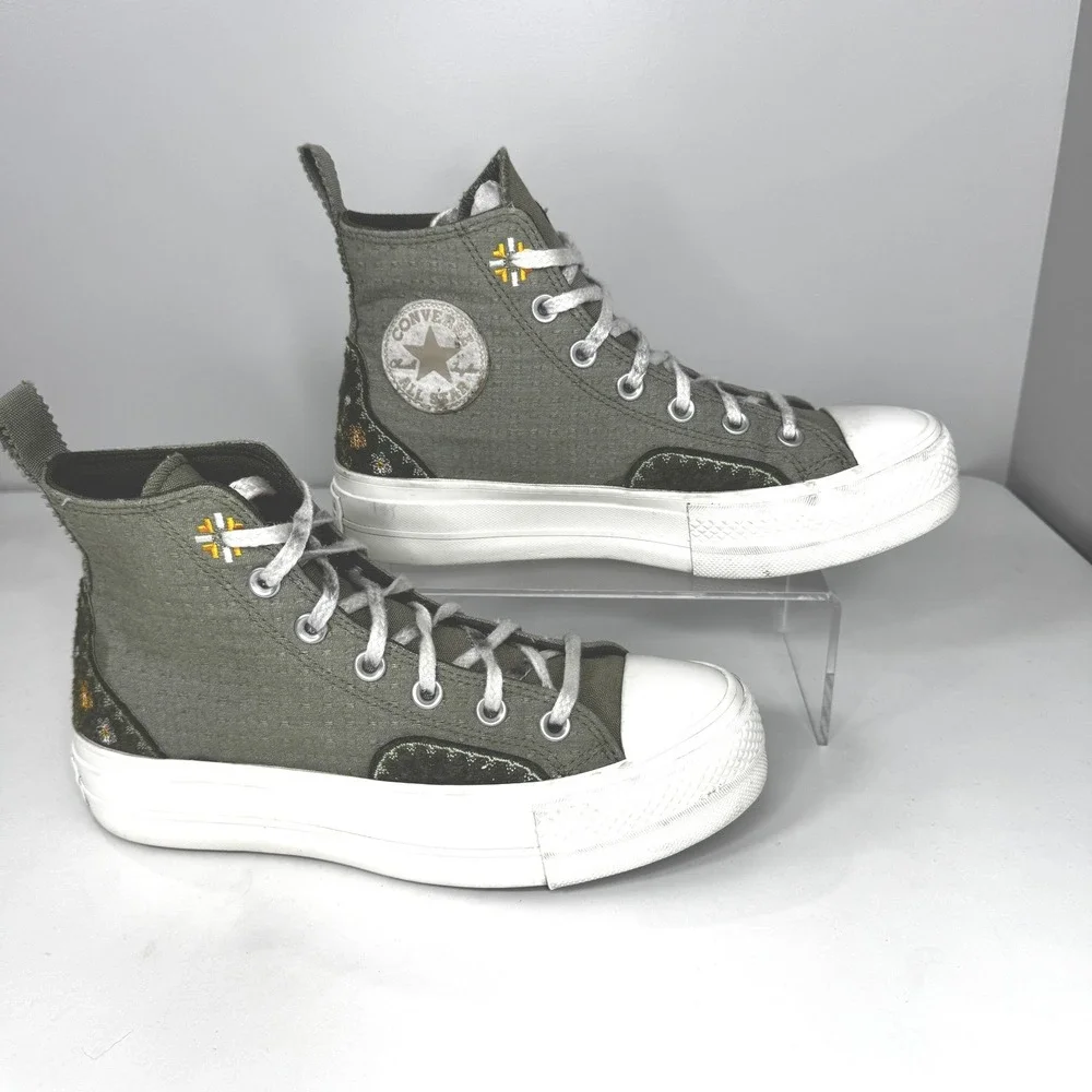 Converse Chuck Taylor All Star Lift Platform High Top Green Floral Embroidery W8